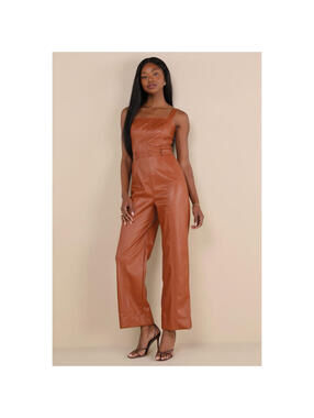 Lulus Trendiest Cutie Brown Vegan Leather Straight Leg Jumpsuit - Size L